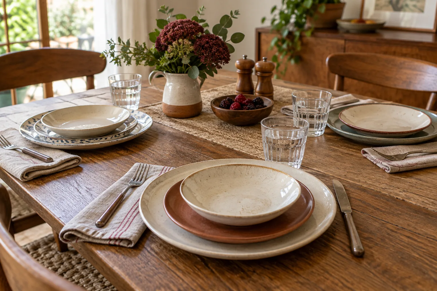 Close view of different ceramic plates with repeated clear glasses