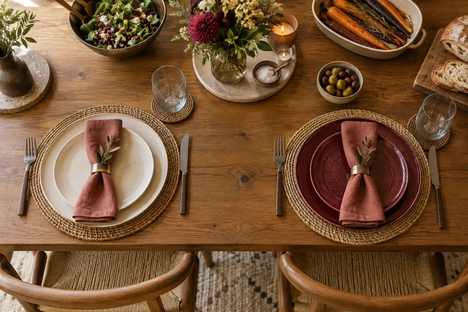 Two mixed place settings with matching folded napkins