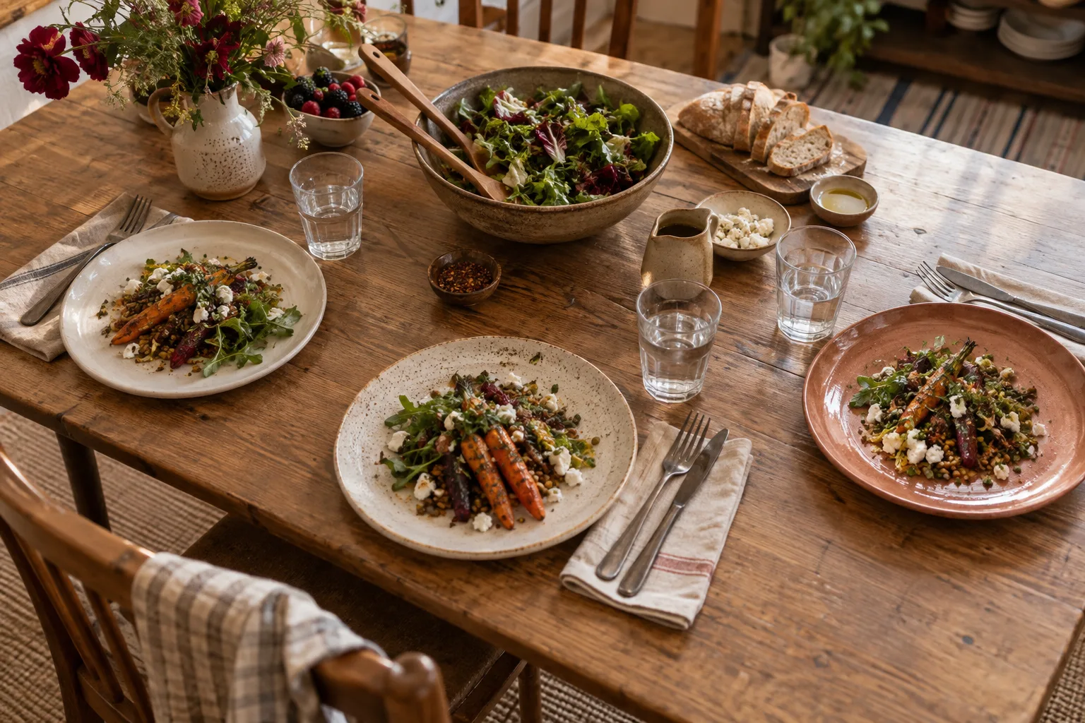 Mismatched everyday plates and glasses on a wooden table