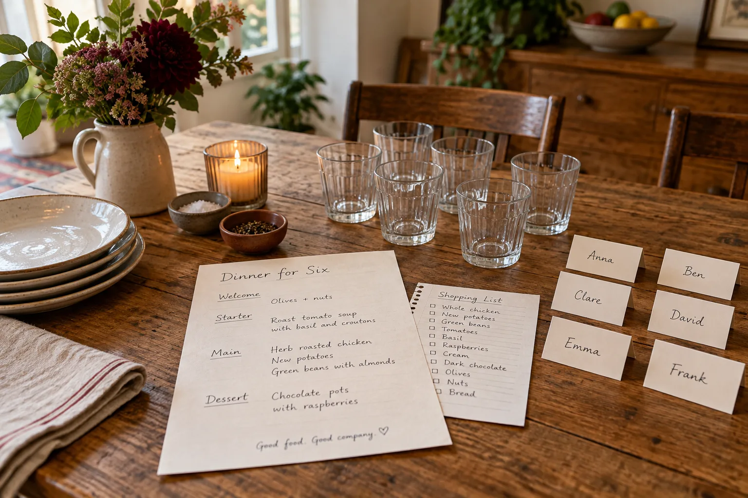 Shopping list and place notes for a six-person supper