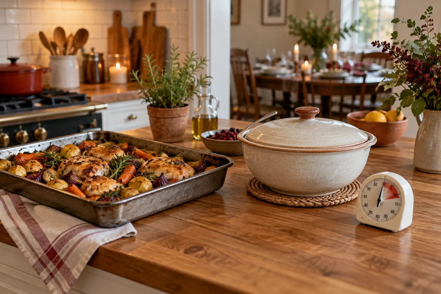 Prepared tray and serving bowl on a kitchen counter