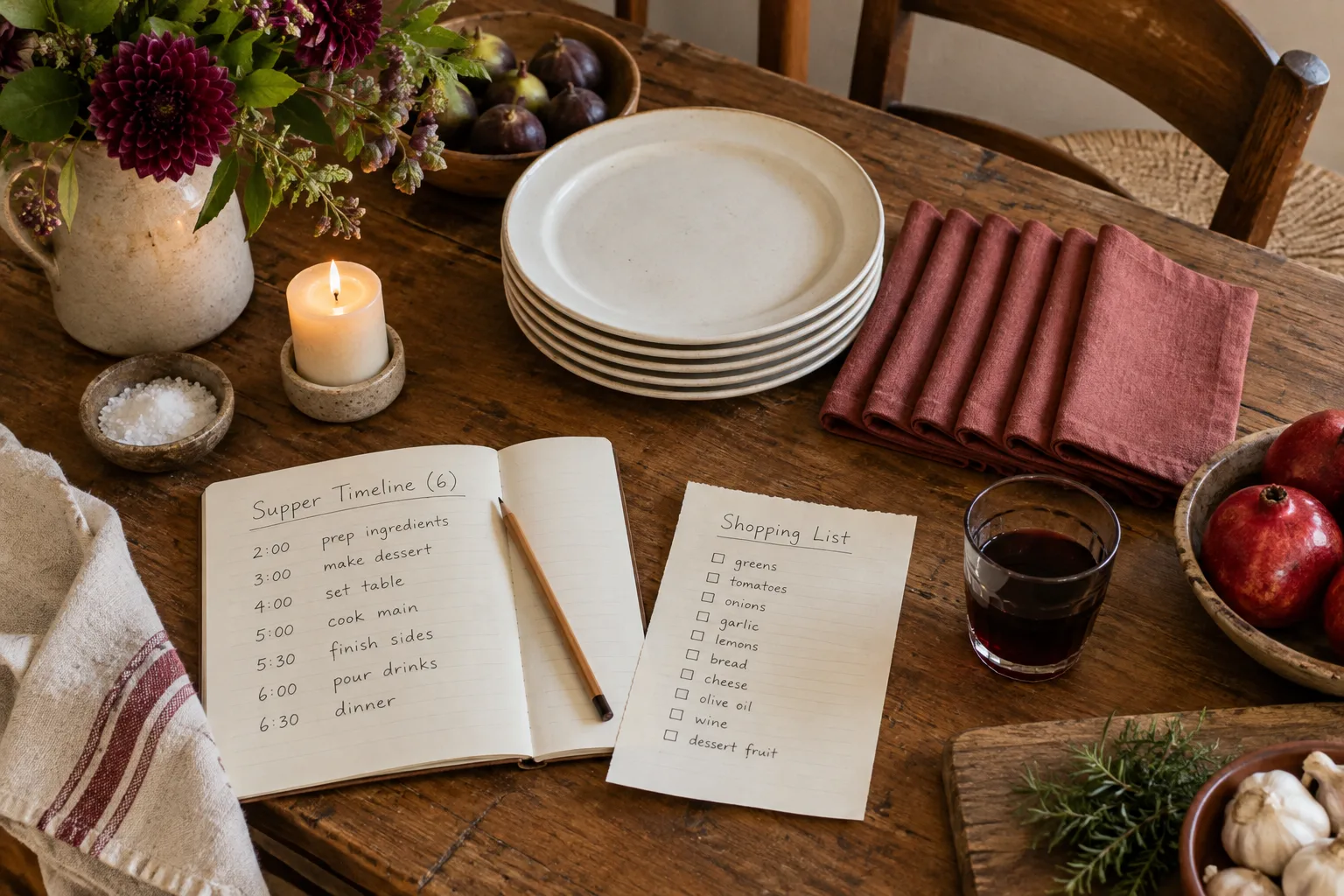 Handwritten supper plan beside six place settings