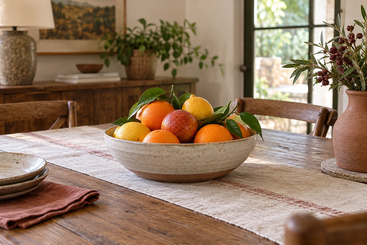 Ceramic bowl of citrus used as a low centerpiece