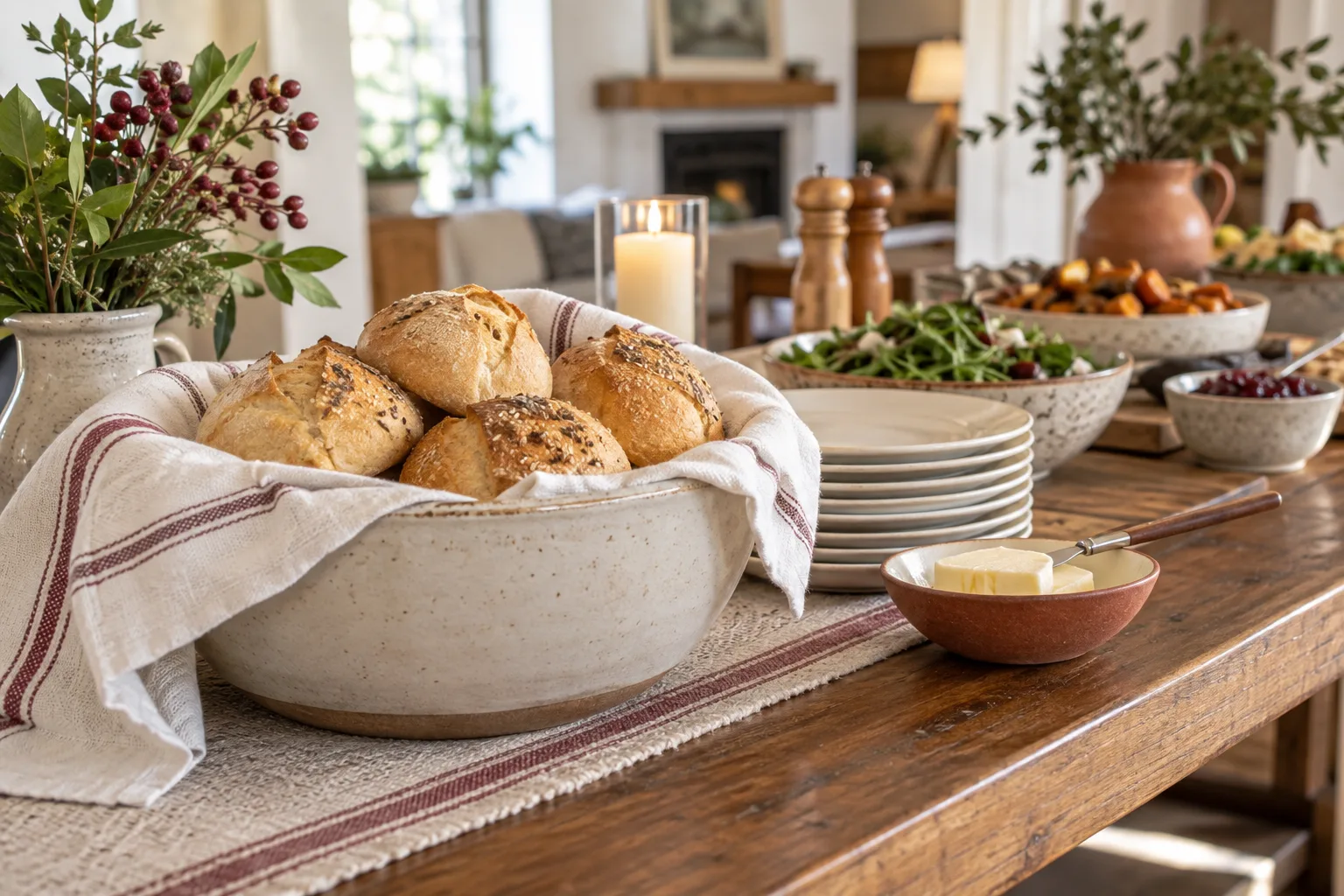 Serving bowl with rolls at a self-serve table