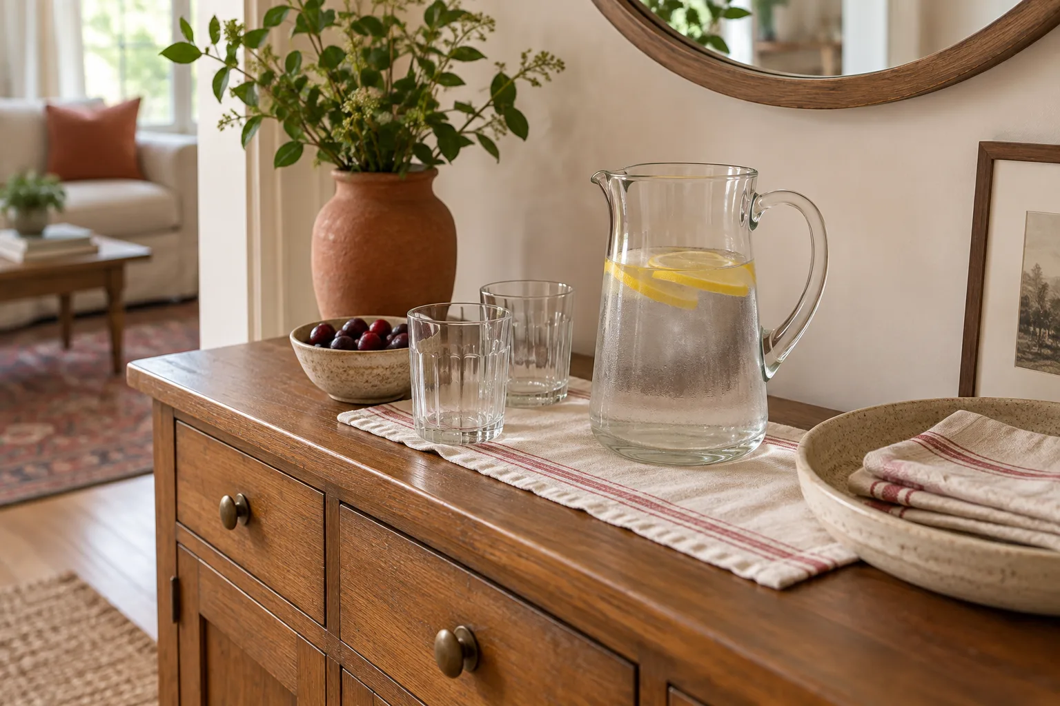 Glasses and water pitcher on a washable cloth