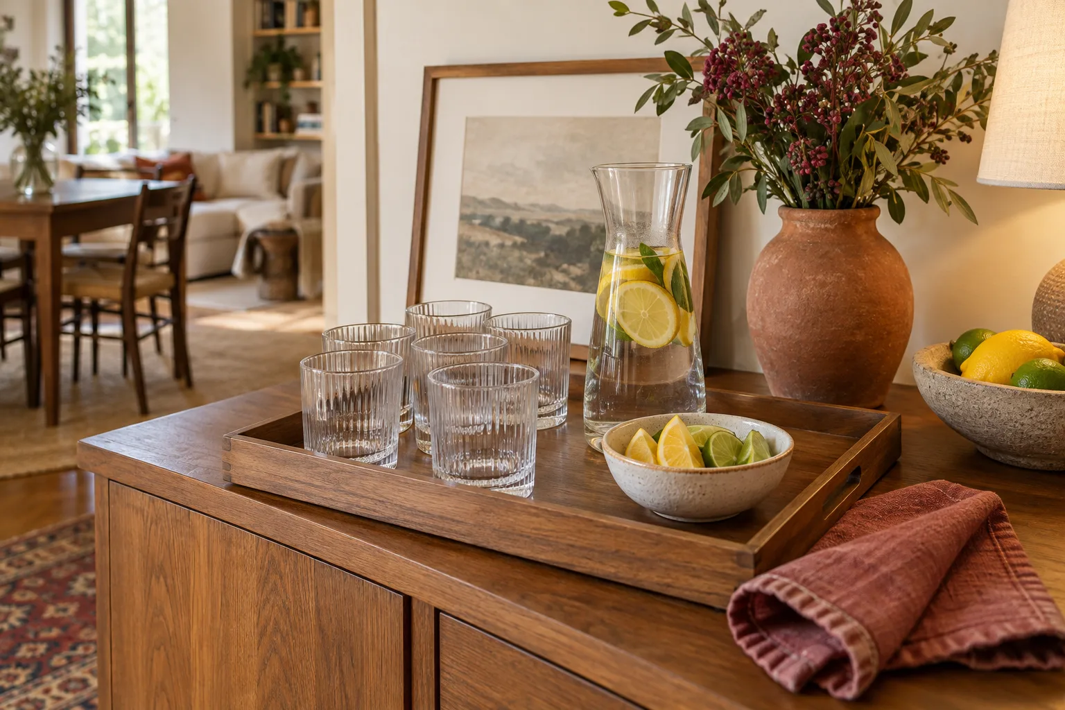 Tray of tumblers and citrus beside a carafe