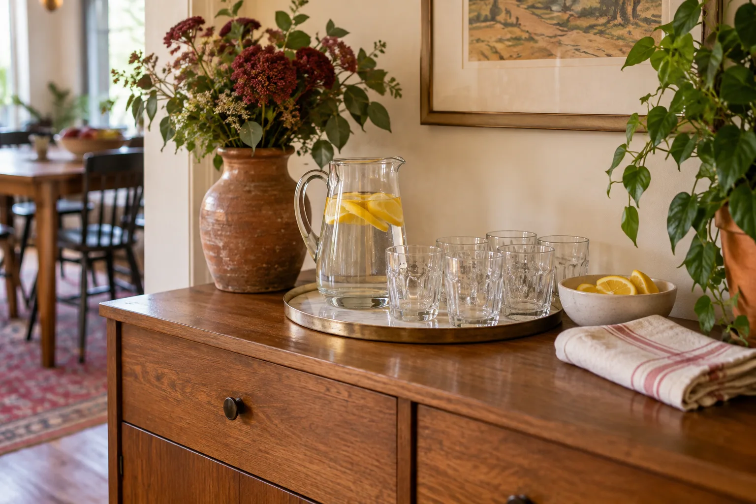 Water pitcher and glasses on a small sideboard