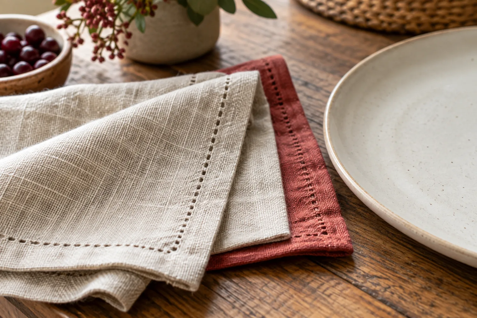 Close view of washable napkin weave and stitched hem