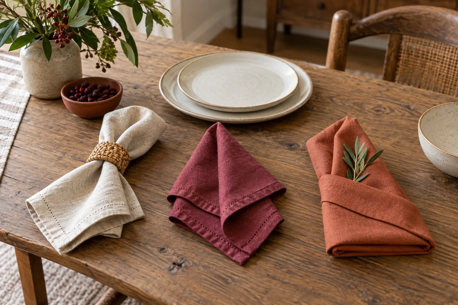 Three folded cloth napkins beside everyday plates