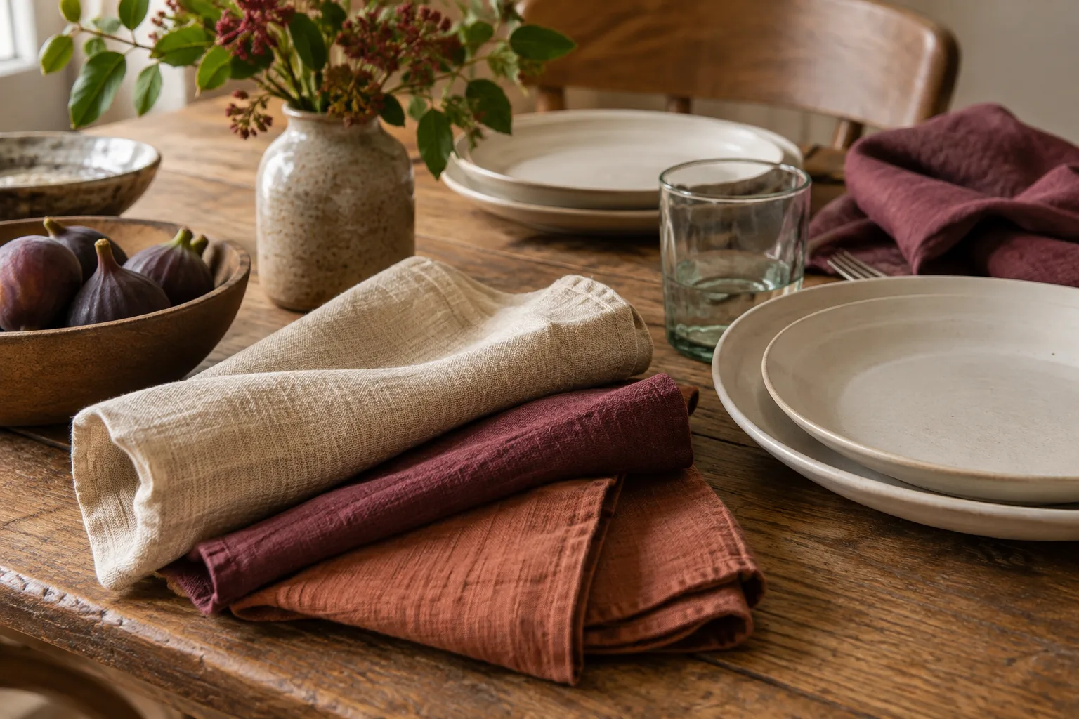 Cotton and linen napkins beside plain tableware