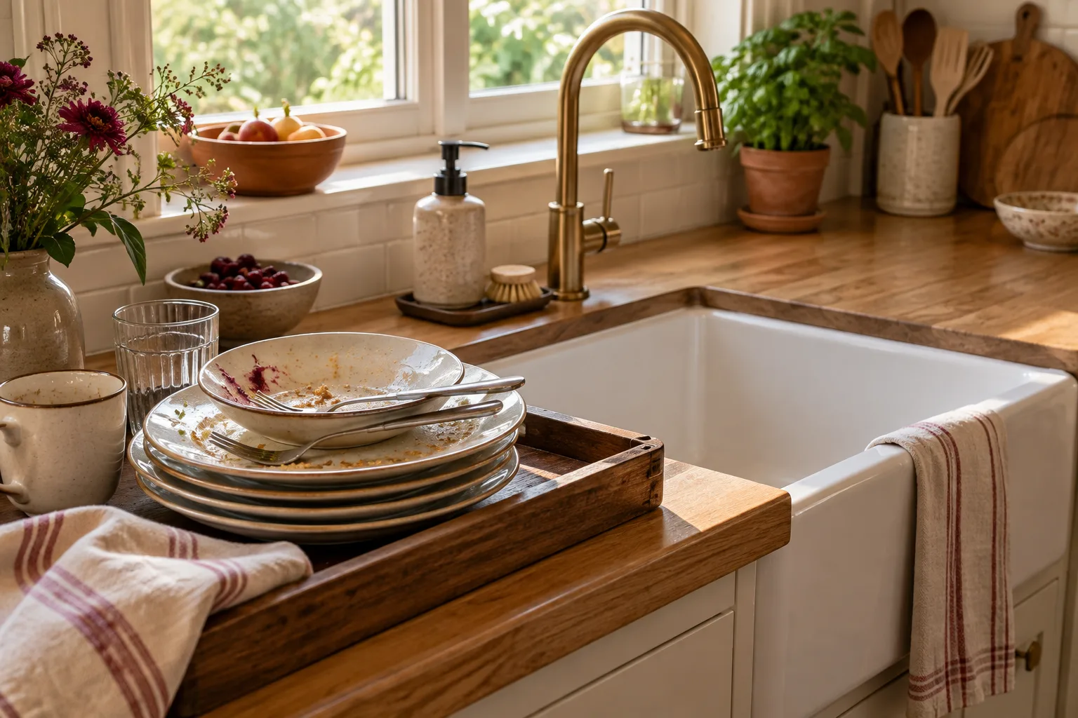 Used dishes on a carry tray beside the sink