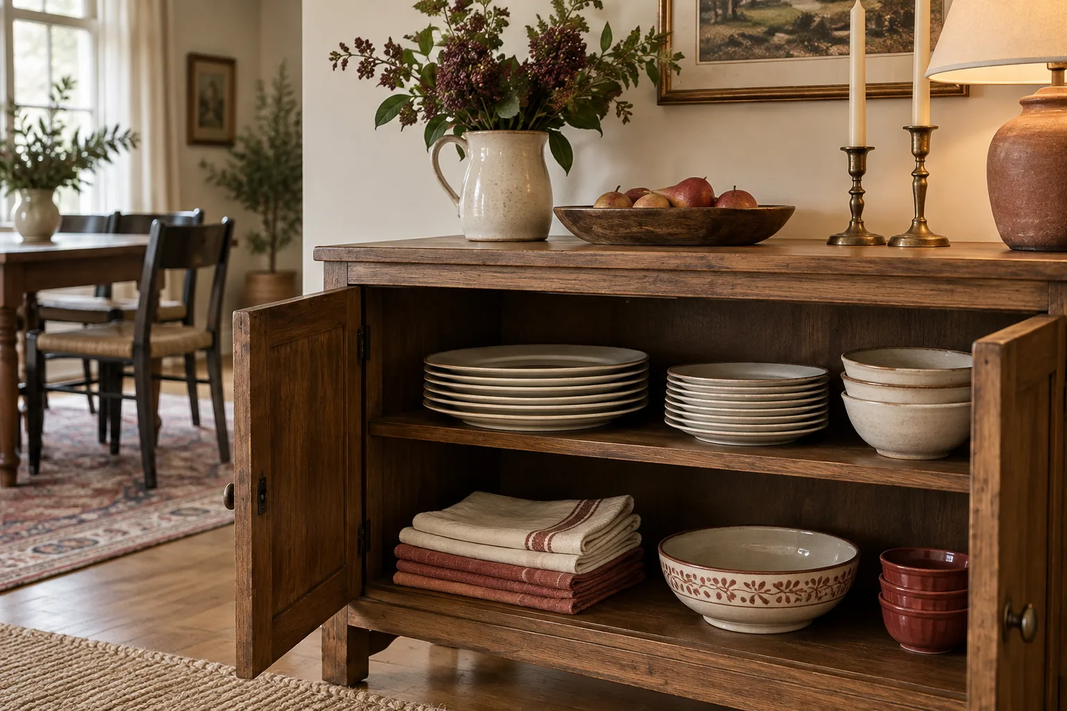 Clean plates and folded linens returned to a shelf