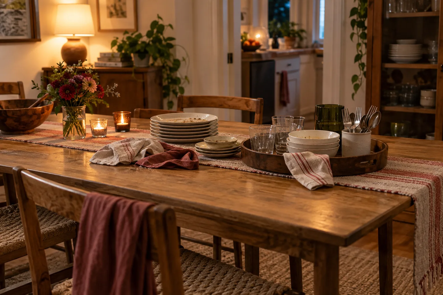 Stacked plates and linens ready for an after-dinner reset