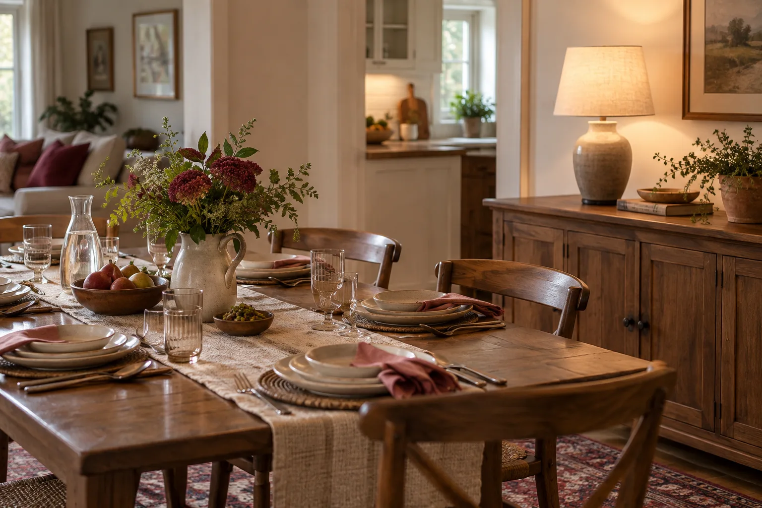Shaded lamp lighting a visible dinner table