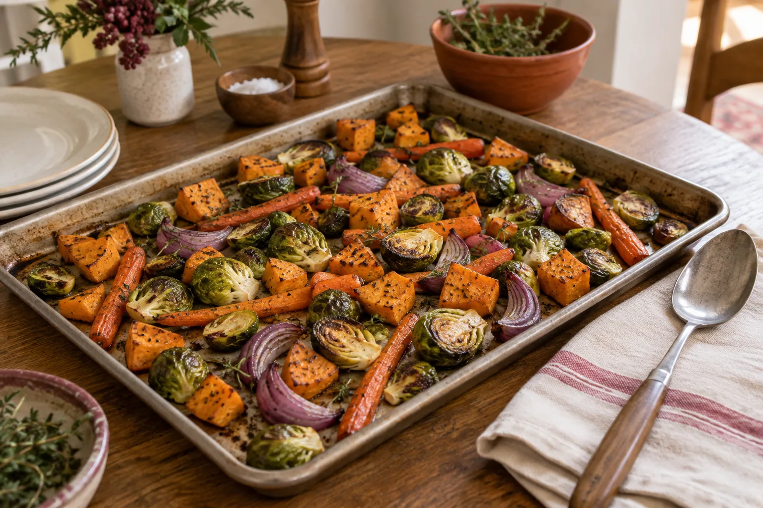 Roasted vegetables on a rimmed sheet pan