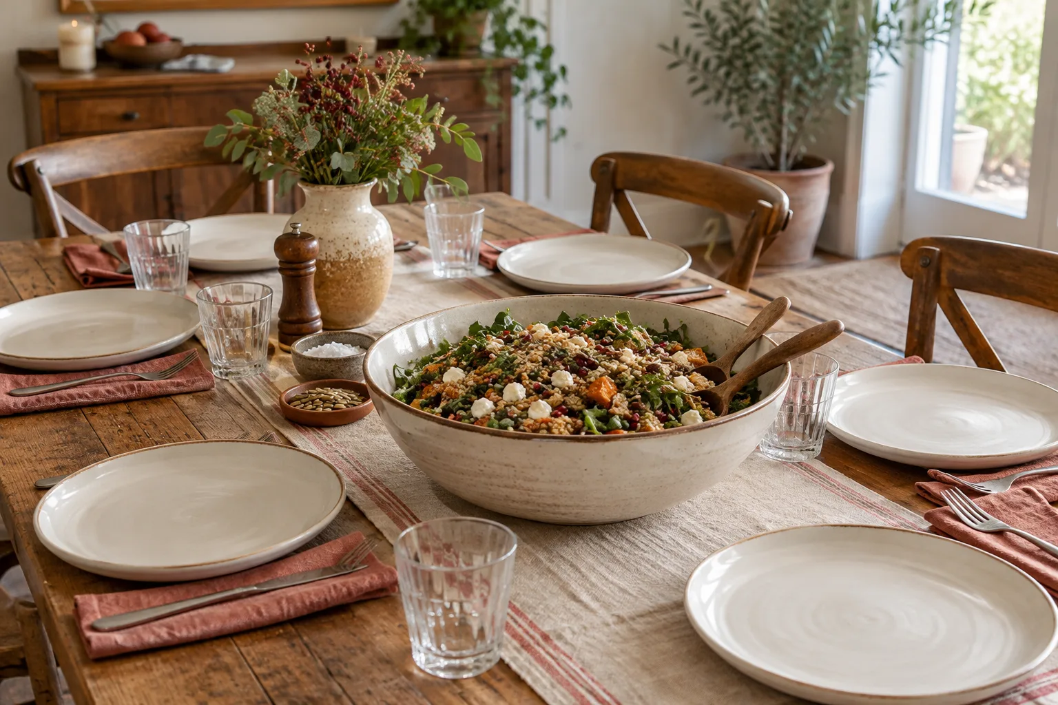 Bowl of grain salad beside six simple plates