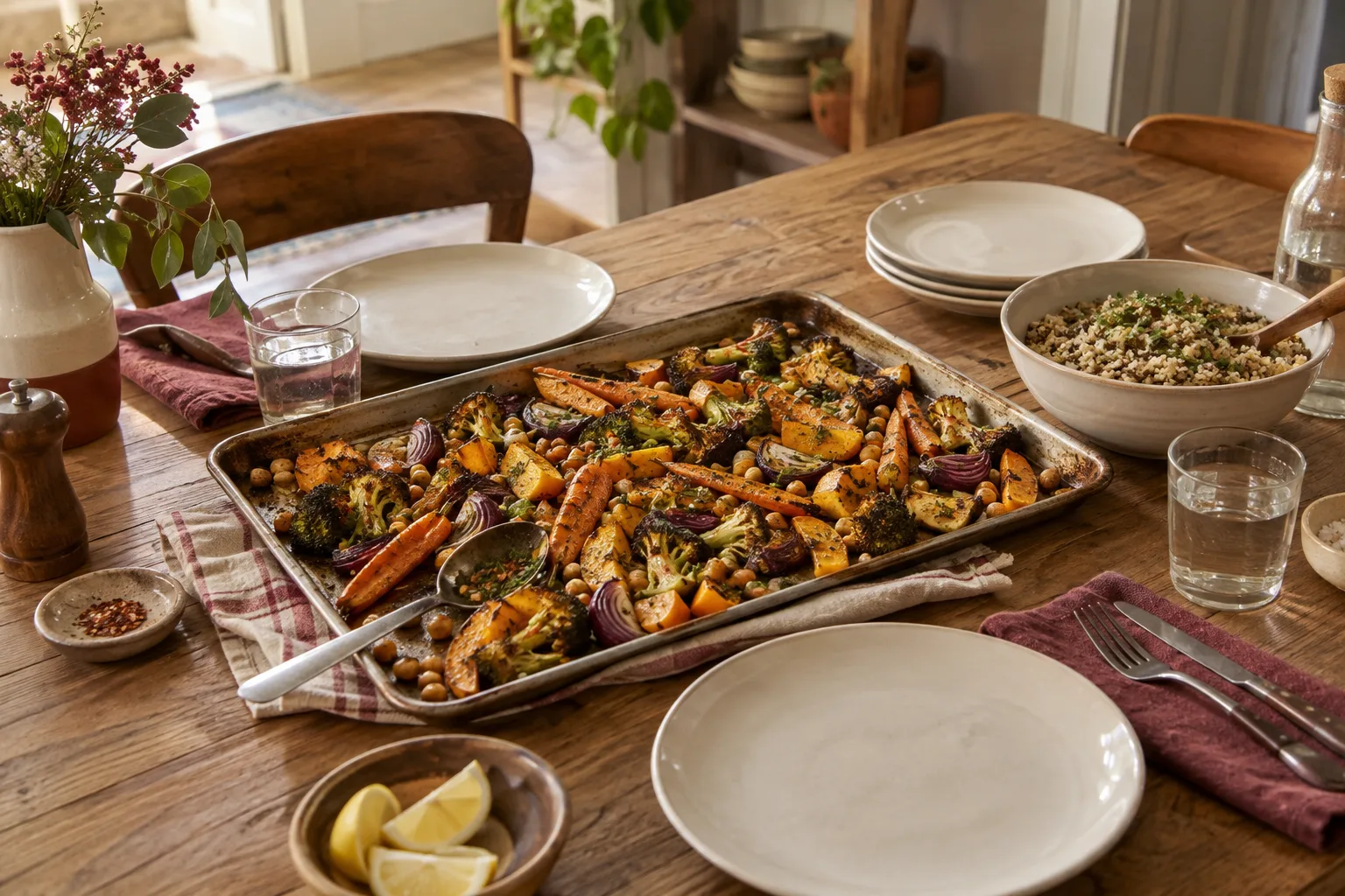 One tray of roasted vegetables beside serving dishes