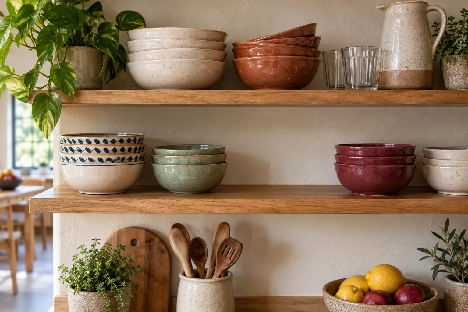 Nested serving bowls on an open kitchen shelf