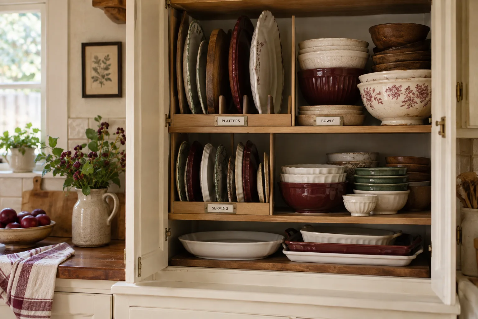 Serving bowls and platters stored in a small kitchen