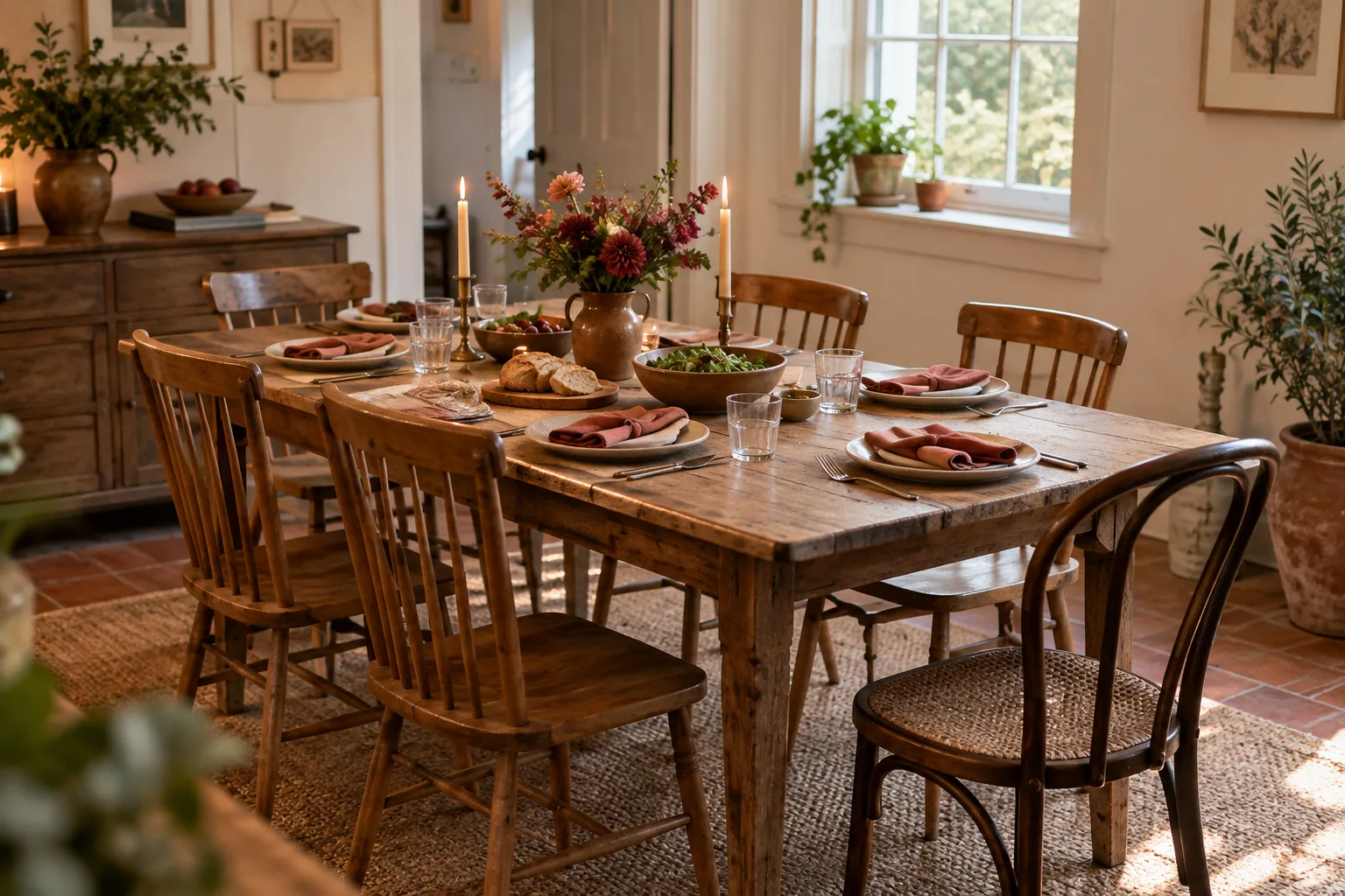 Six places set around a table with mixed chairs