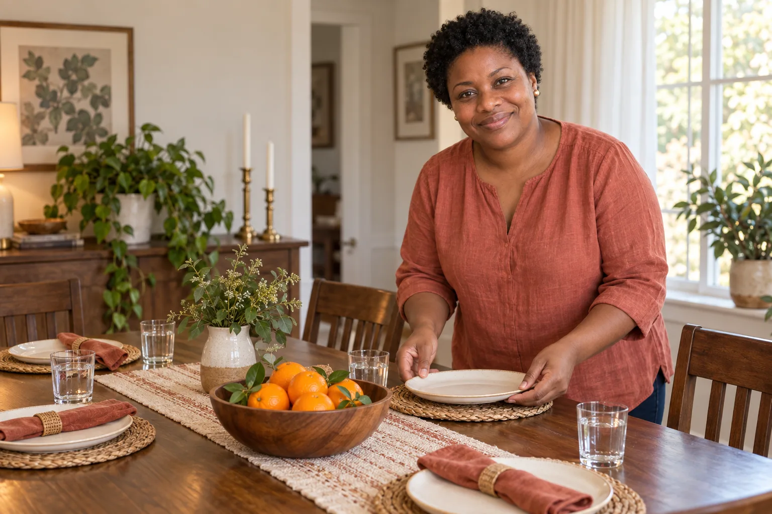 Simone arranging a plate at an ordinary wooden dining table