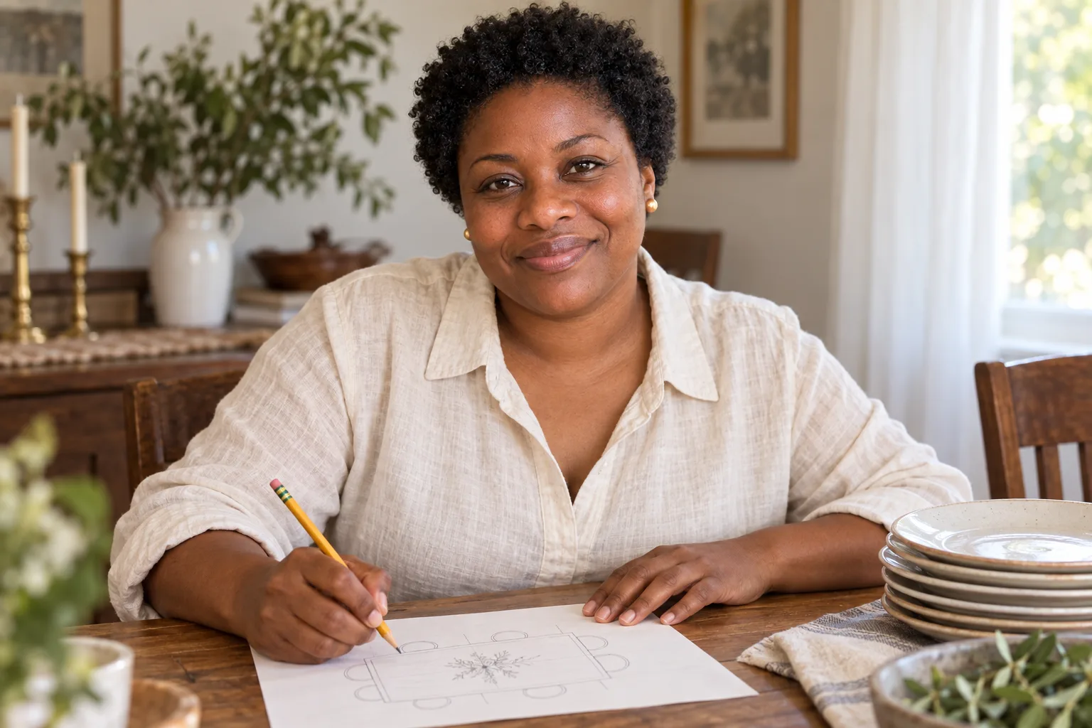 Illustrative portrait of Simone sketching a table plan