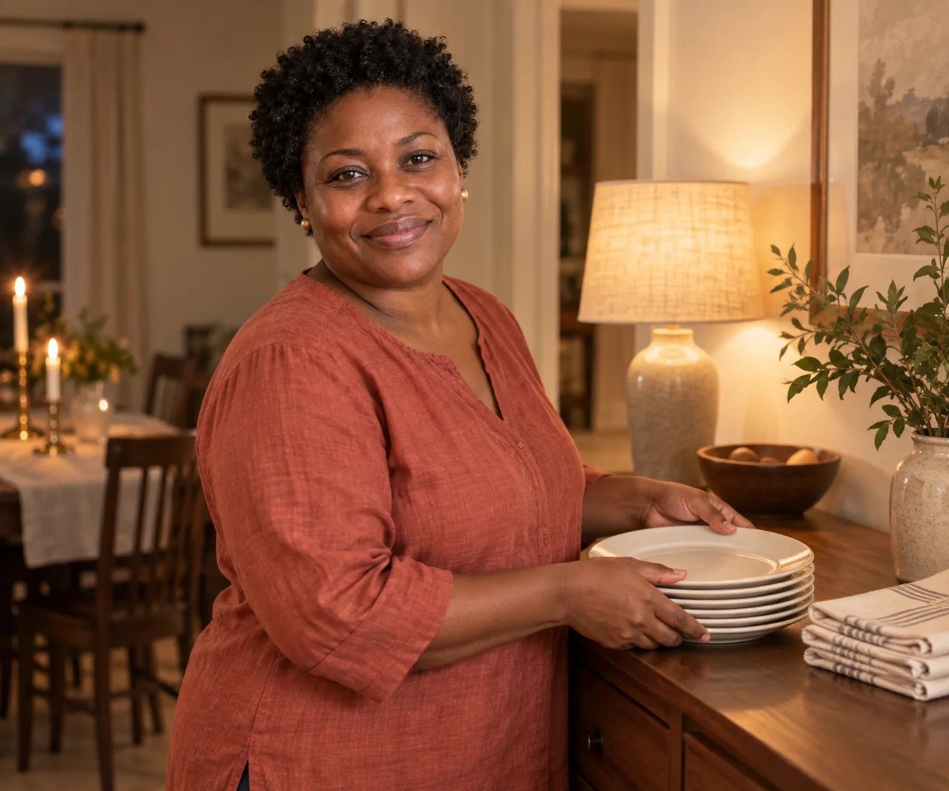Simone stacking plates after a meal
