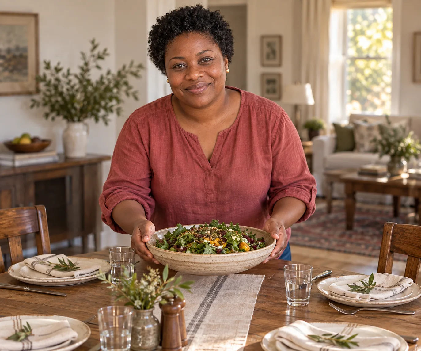Simone carrying a serving bowl toward the table