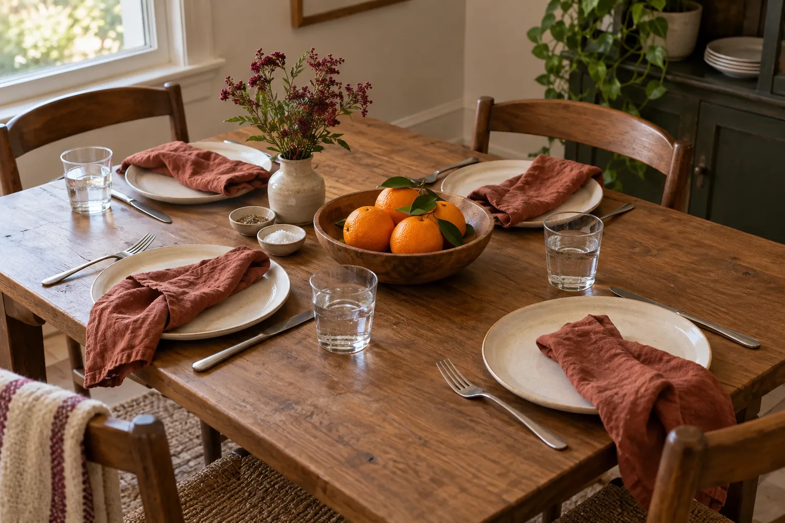 Everyday wooden table with ceramic plates, folded napkins and citrus